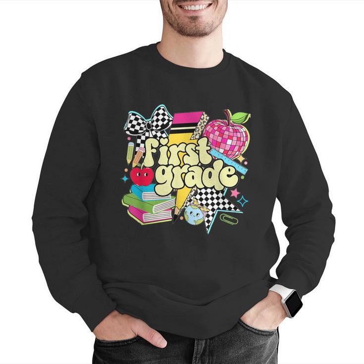 Retro First Grade Teacher Disco Ball Coquette Back To School Men Graphic Sweatshirt, First Grade Teacher Sweatshirts, funny gift Retro First Grade Teacher Disco Ball Coquette Back To School Men Graphic Sweatshirt, First Grade Teacher Sweatshirts, funny gift