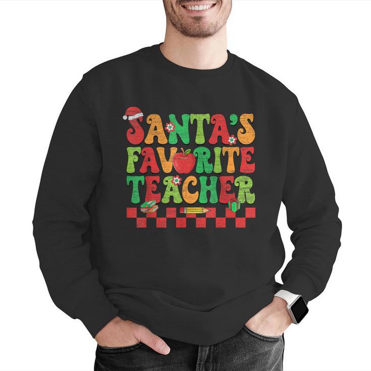 Santas Favorite Teacher Retro Groovy Christmas Xmas Women Men Graphic Sweatshirt, Groovy Teacher Sweatshirts, funny gift