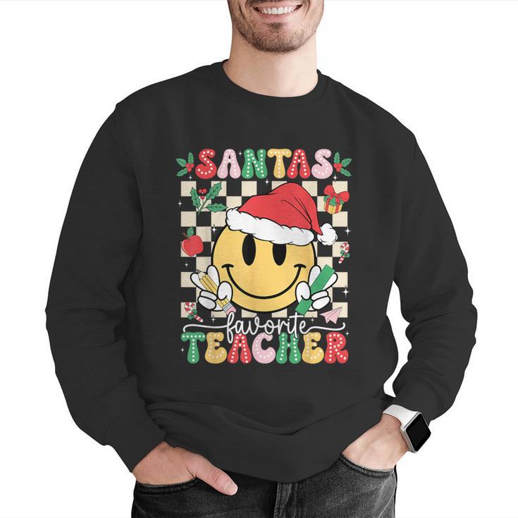 Santas Favorite Teacher Retro Groovy Smile Face Christmas Men Graphic Sweatshirt, Groovy Teacher Sweatshirts, funny gift