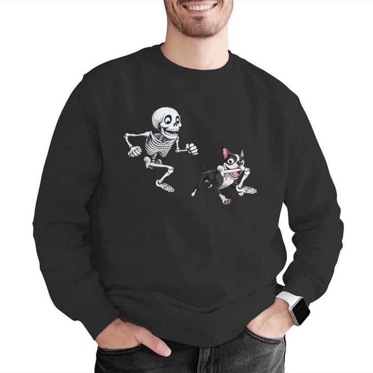 Skeleton Chasing Dog Boston Terrier Halloween Pet Lover Men Graphic Sweatshirt, Boston Terrier Halloween Sweatshirts, funny gift