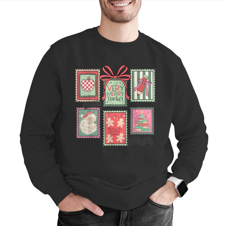 Vintage Preppy Very Merry Teacher Santa Stamps Christmas Men Graphic Sweatshirt, funny gift