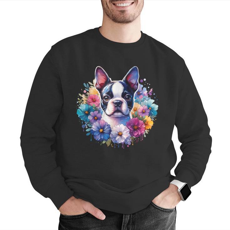 Watercolor Floral Boston Terrier Mama Dog Lover Mother's Day Men Graphic Sweatshirt, funny gift