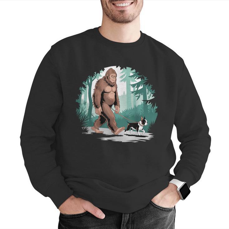 Whimsical Forest Adventures Sasquatch Bigfoot Walking Boston Terrier Dog Lovers Men Graphic Sweatshirt, funny gift
