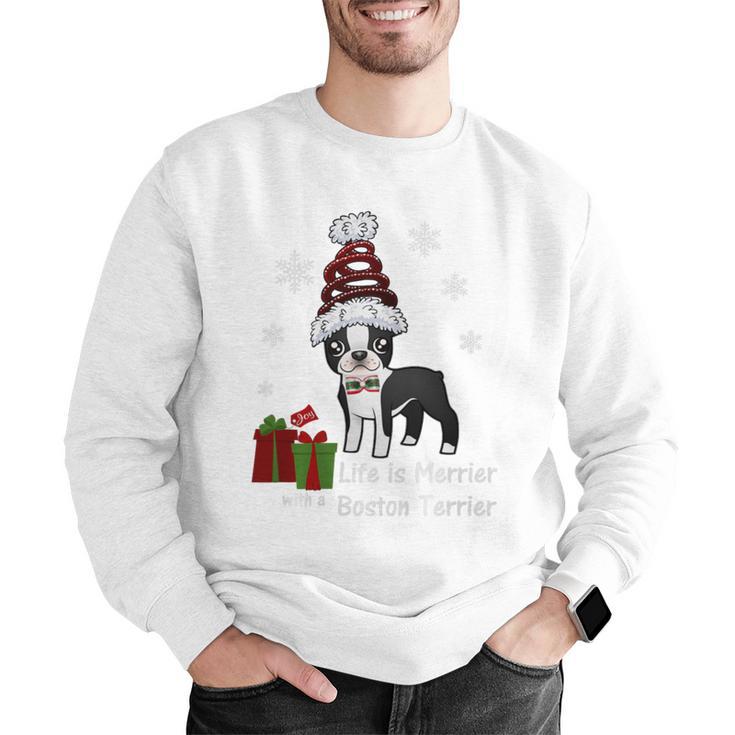 Boston Terrier Christmas T Shirt-Life Is Merrier Premium Tri-Blend Men Graphic Sweatshirt, Boston Terrier Christmas Sweatshirts, funny gift