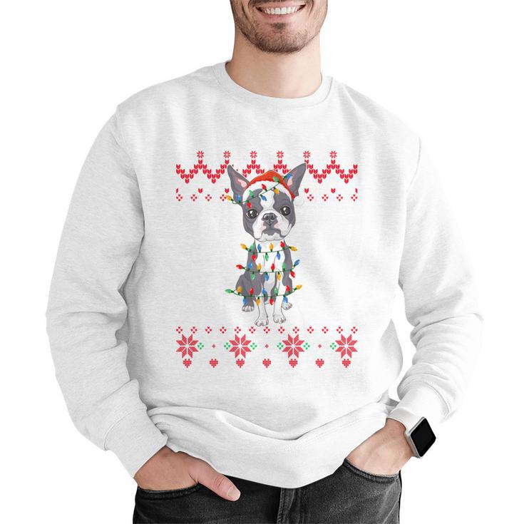 Boston Terrier Dog Santa Hat Men Kids Ugly Christmas Light Men Graphic Sweatshirt, Boston Terrier Christmas Sweatshirts, funny gift