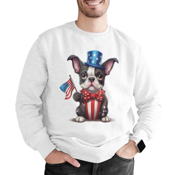Boston Terrier Puppy Dog Holds His American Flag 4th Of July Men Graphic Sweatshirt, American Boston Terrier Sweatshirts, Boston Terrier 4th Of July Sweatshirts, funny gift