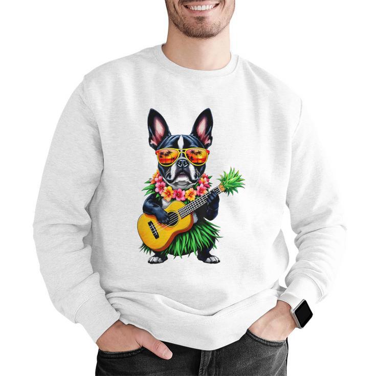Hawaiian Boston Terrier & Pineapple Ukulele Summer Vacation Men Graphic Sweatshirt, funny gift