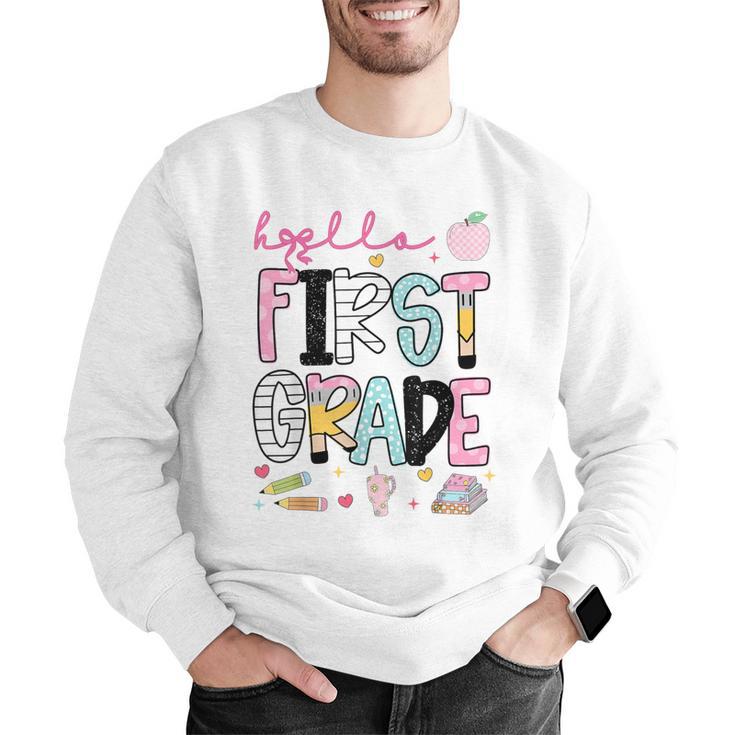 Hello First Grade Teacher Coquette Pencil Bow Back To School Men Graphic Sweatshirt, First Grade Teacher Sweatshirts, funny gift