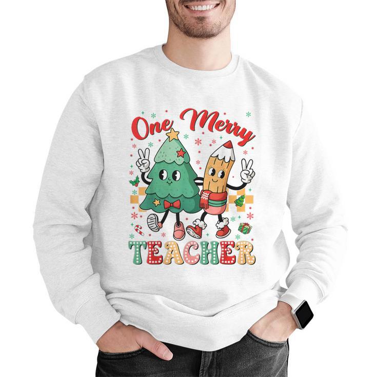 One Merry Teacher Groovy Christmas Tree Pjs Xmas Teacher Men Graphic Sweatshirt, Groovy Teacher Sweatshirts, funny gift