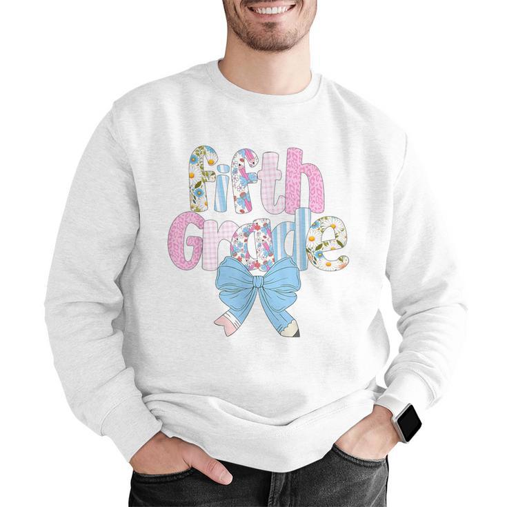 Preppy Fifth Grade Teacher Blue Floral Coquette Pencil Bow Men Graphic Sweatshirt, funny gift