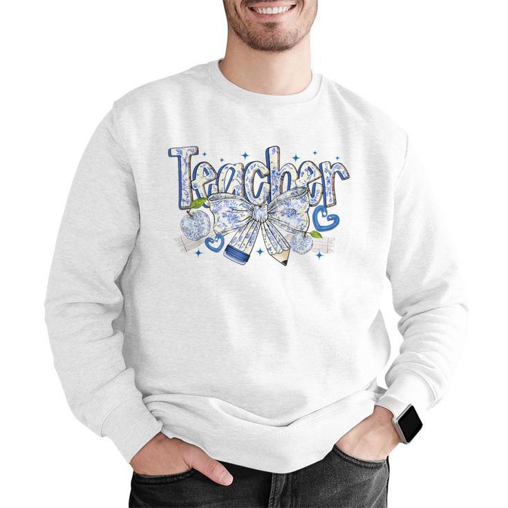 Teacher Blue Chinoiserie Coquette Bow Heart Teacher Life Men Graphic Sweatshirt, funny gift