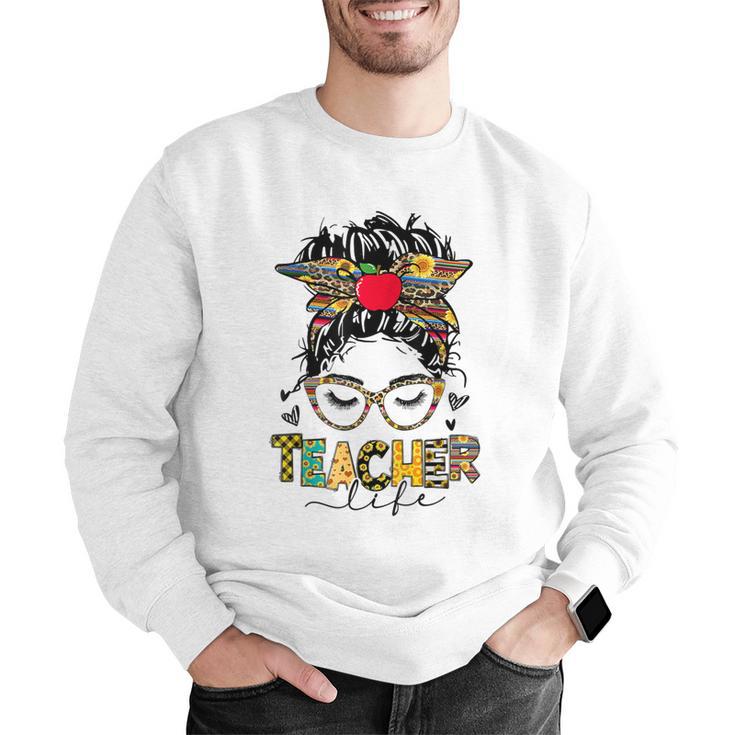 Teacher Life Messy Bun Glasses Leopard Sunflower Men Graphic Sweatshirt, funny gift