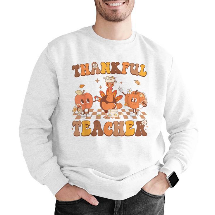 Thankful Teacher Retro Groovy Thanksgiving Fall Women Men Men Graphic Sweatshirt, Groovy Teacher Sweatshirts, funny gift