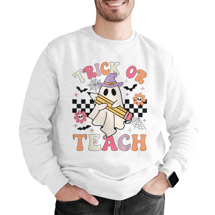 Trick Or Teach Groovy Teacher Halloween Retro Floral Ghost Men Graphic Sweatshirt, Groovy Teacher Sweatshirts, funny gift
