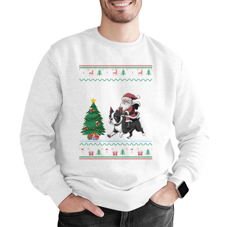 Ugly Christmas Tree Lights Xmas Santa Riding Boston Terrier Men Graphic Sweatshirt, Boston Terrier Riding Sweatshirts, Boston Terrier Christmas Sweatshirts, funny gift