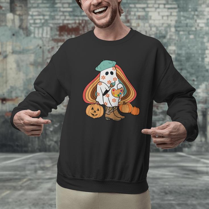 Art Teacher Painting Brushes Retro Pumpkin Ghost Artist Men Graphic Sweatshirt, gift for family, gift for coworker