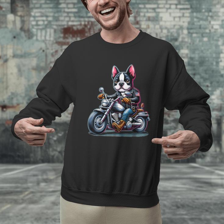 Biker Boston Terrier Dog Riding Motorbike Men Graphic Sweatshirt, Boston Terrier Riding Sweatshirts, gift for family, gift for coworker