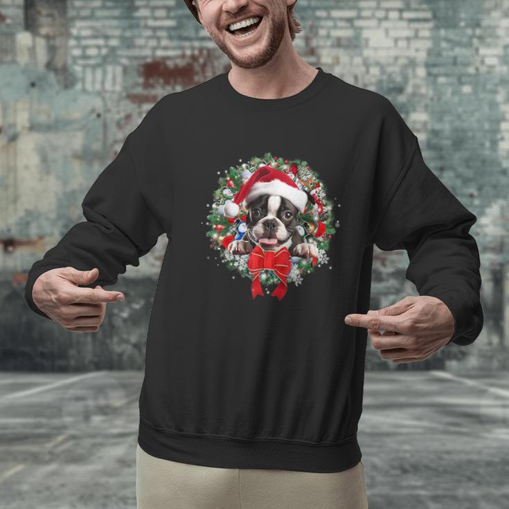 Boston Terrier Christmas Wreath Decoration Xmas Pajamas Men Graphic Sweatshirt, Boston Terrier Christmas Sweatshirts, gift for family, gift for coworker