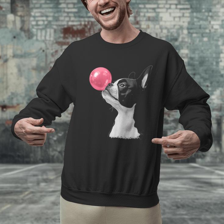Boston Terrier Dog Blowing Chewing Bubble Gum Pink Men Graphic Sweatshirt, gift for family, gift for coworker