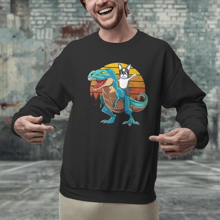 Boston Terrier Dog Riding Dinosaur T Rex Boys Men Graphic Sweatshirt, Boston Terrier Riding Sweatshirts, gift for family, gift for coworker