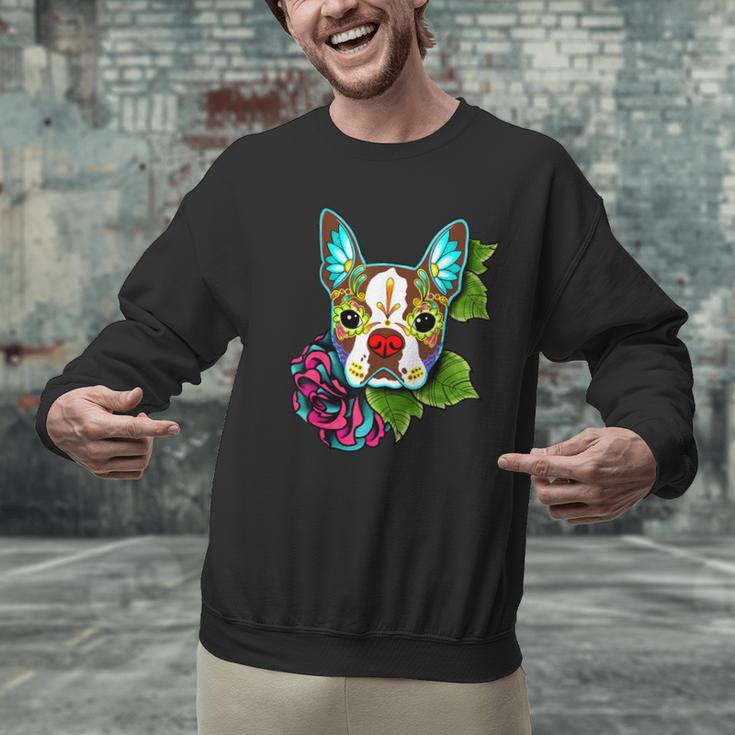 Boston Terrier In Red Day Of The Dead Sugar Skull Dog Men Graphic Sweatshirt, gift for family, gift for coworker