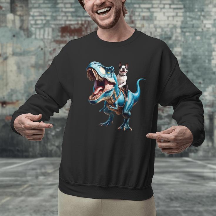 Boston Terrier Riding T-Rex Dinosaur Dog Lover Men Graphic Sweatshirt, Boston Terrier Riding Sweatshirts, gift for family, gift for coworker