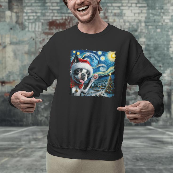 Boston Terrier Santa Starry Night Van Gogh Christmas Dog Men Women Kids Men Graphic Sweatshirt, Boston Terrier Christmas Sweatshirts, gift for family, gift for coworker