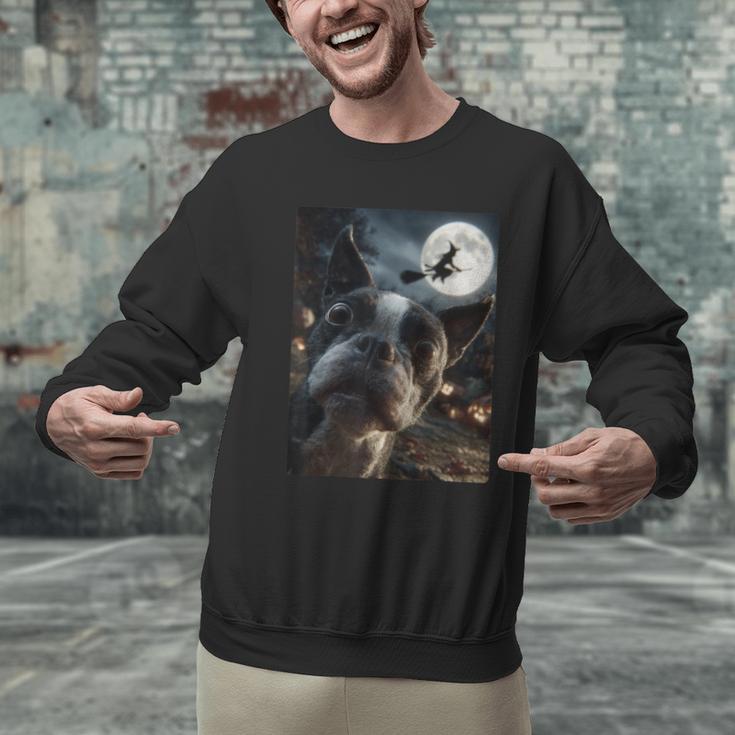 Boston Terrier Selfie Full Moon Flying Witch Halloween Dog Men Graphic Sweatshirt, Boston Terrier Halloween Sweatshirts, gift for family, gift for coworker