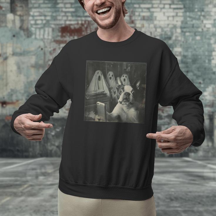 Boston Terrier Selfie With Ghosts Halloween Dog Lover Men Graphic Sweatshirt, Boston Terrier Halloween Sweatshirts, gift for family, gift for coworker