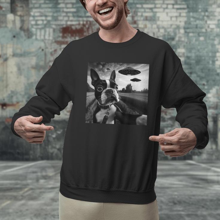 Boston Terrier Graphic Selfie With UFOs Weird Aliens Men Graphic Sweatshirt, gift for family, gift for coworker