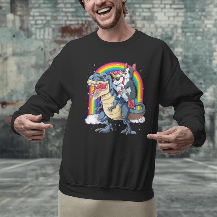 Boston Terrier Unicorn Riding Dinosaur T-Rex Girls Rainbow Men Graphic Sweatshirt, Boston Terrier Riding Sweatshirts, gift for family, gift for coworker
