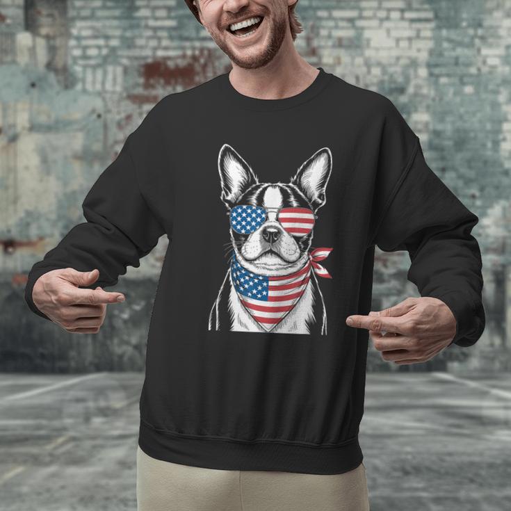 Boston Terrier USA Flag Sunglasses Patriotic 4th Of July Men Graphic Sweatshirt, Patriotic Boston Terrier Sweatshirts, Boston Terrier 4th Of July Sweatshirts, gift for family, gift for coworker