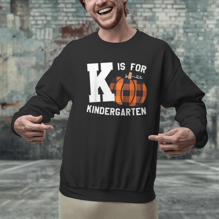 Fall Kindergarten Teacher K Is For Buffalo Plaid Pumpkin Men Graphic Sweatshirt, gift for family, gift for coworker Fall Kindergarten Teacher K Is For Buffalo Plaid Pumpkin Men Graphic Sweatshirt, gift for family, gift for coworker