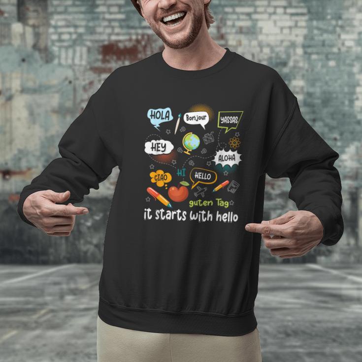 Friendship Inclusion Language Teacher It Starts With Hello Men Graphic Sweatshirt, gift for family, gift for coworker Friendship Inclusion Language Teacher It Starts With Hello Men Graphic Sweatshirt, gift for family, gift for coworker
