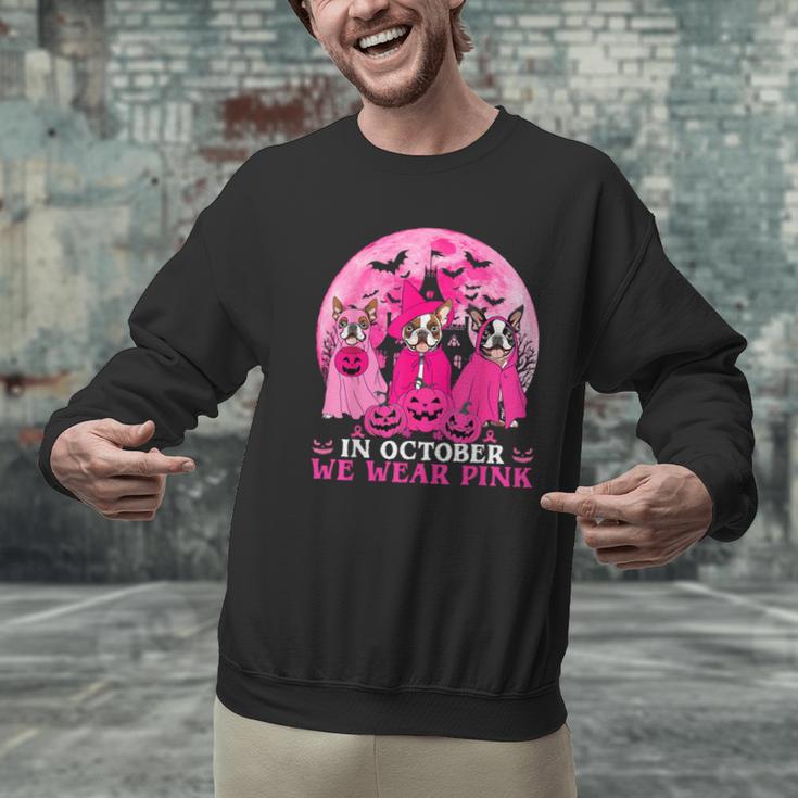 Ghost And Witch Boston Terrier Dog In October We Wear Pink Men Graphic Sweatshirt, Boston Terrier Ghost Sweatshirts, gift for family, gift for coworker