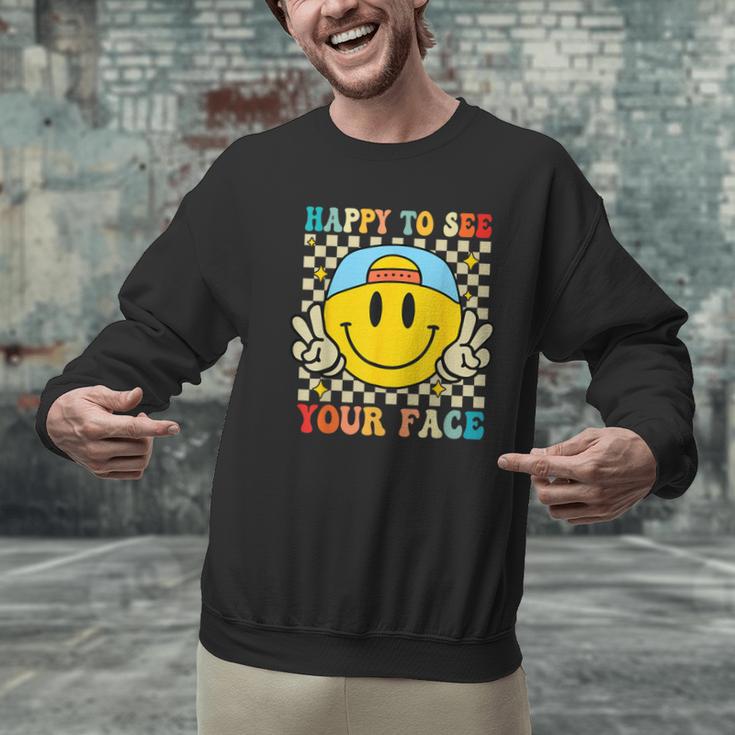 Happy To See Your Face Hippie Smile Back To School Teachers Men Graphic Sweatshirt, gift for family, gift for coworker Happy To See Your Face Hippie Smile Back To School Teachers Men Graphic Sweatshirt, gift for family, gift for coworker