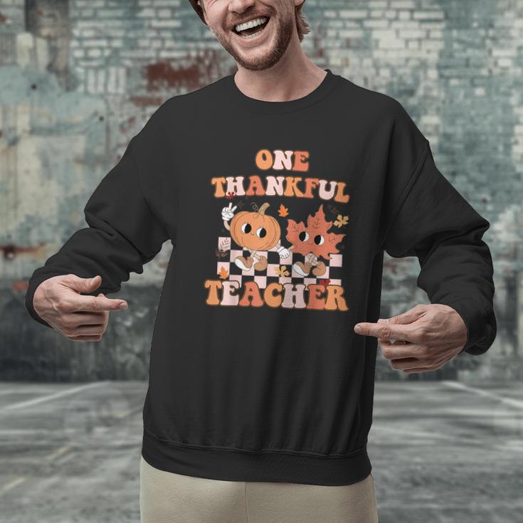 One Thankful Teacher Fall Leaves Thanksgiving Retro Men Graphic Sweatshirt, gift for family, gift for coworker