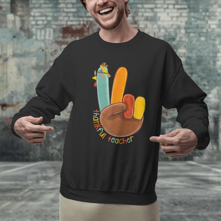 One Thankful Teacher Thanksgiving Turkey Peace Hand Sign Men Graphic Sweatshirt, gift for family, gift for coworker