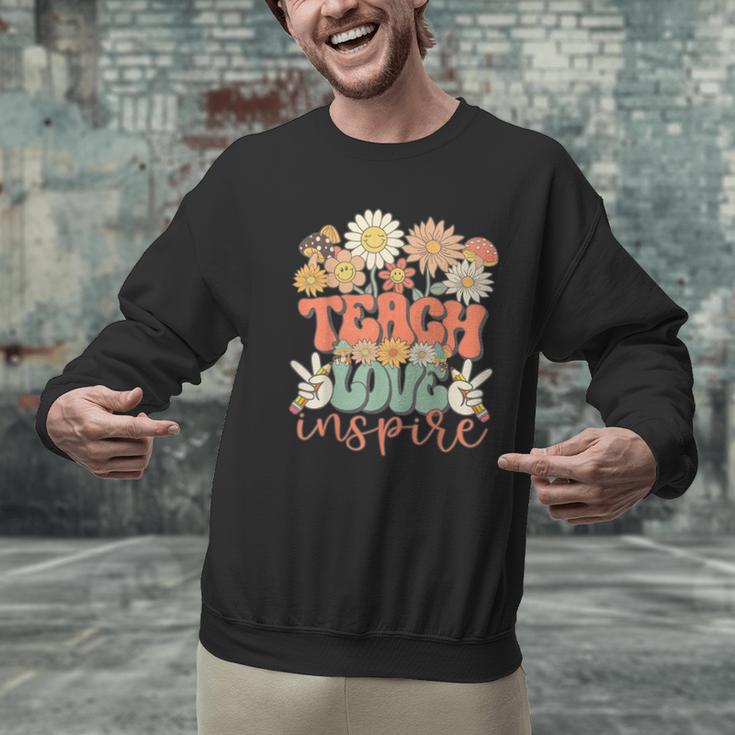 Teach Love Inspire Retro Groovy Daisy Back To School Teacher For Men Women Kids Men Graphic Sweatshirt, Groovy Teacher Sweatshirts, gift for family, gift for coworker