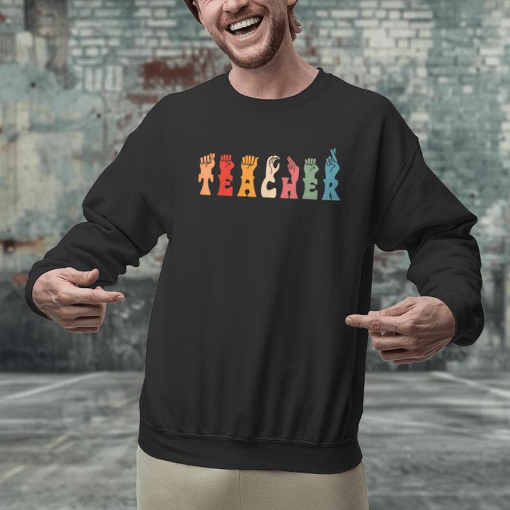 Teacher Word In Sign Language Awareness ASL Back To School Men Graphic Sweatshirt, gift for family, gift for coworker Teacher Word In Sign Language Awareness ASL Back To School Men Graphic Sweatshirt, gift for family, gift for coworker