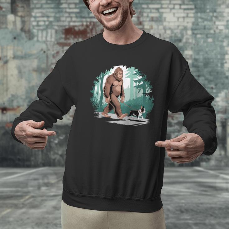 Whimsical Forest Adventures Sasquatch Bigfoot Walking Boston Terrier Dog Lovers Men Graphic Sweatshirt, gift for family, gift for coworker