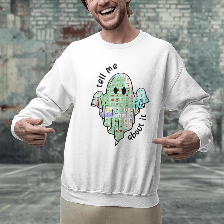 AAC Ghost Tell Me About It Speech Pathology AAC Sped Teacher Men Graphic Sweatshirt, gift for family, gift for coworker AAC Ghost Tell Me About It Speech Pathology AAC Sped Teacher Men Graphic Sweatshirt, gift for family, gift for coworker