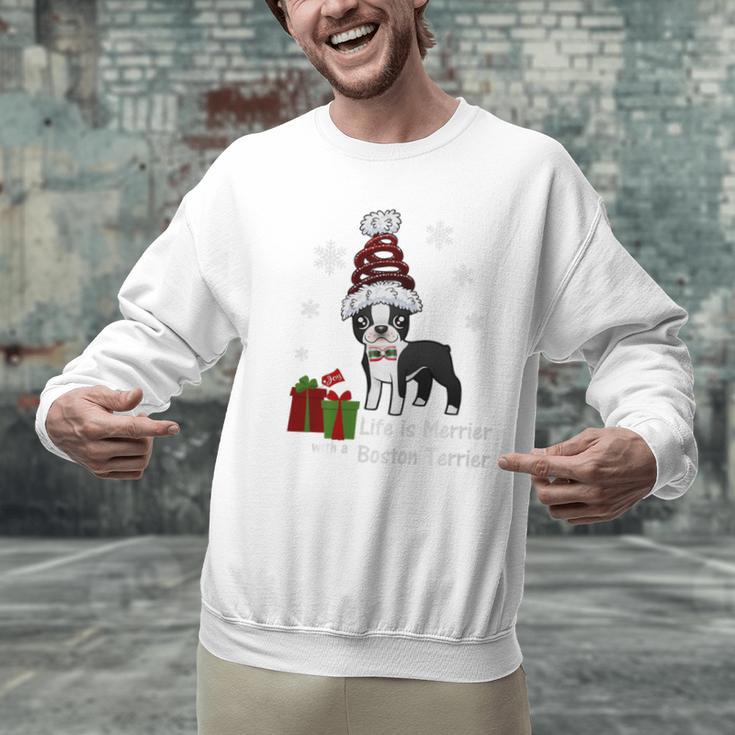 Boston Terrier Christmas T Shirt-Life Is Merrier Premium Tri-Blend Men Graphic Sweatshirt, Boston Terrier Christmas Sweatshirts, gift for family, gift for coworker