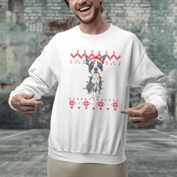 Boston Terrier Dog Santa Hat Men Kids Ugly Christmas Light Men Graphic Sweatshirt, Boston Terrier Christmas Sweatshirts, gift for family, gift for coworker