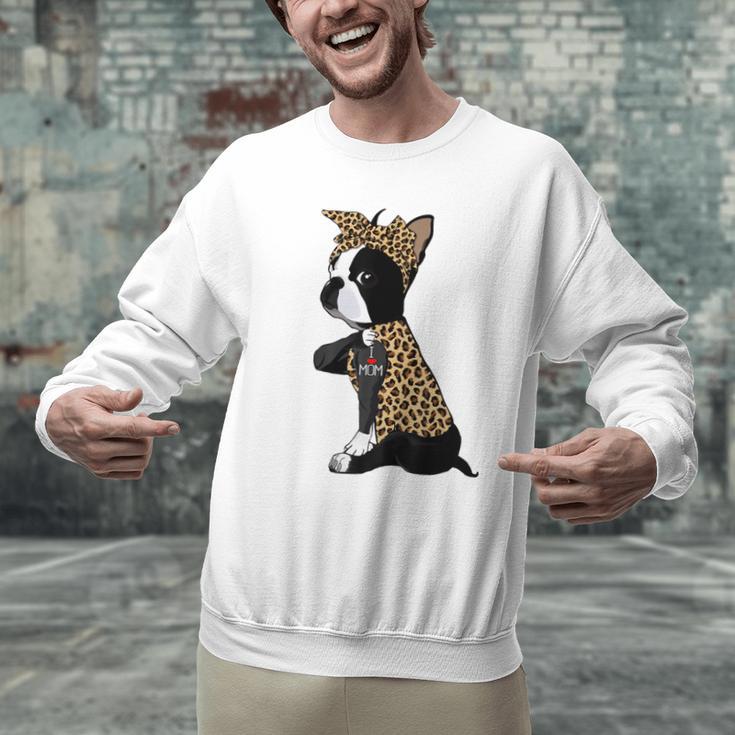 Boston Terrier Lover I Love Mom Tattoo Leopard Men Graphic Sweatshirt, Boston Terrier Mom Sweatshirts, gift for family, gift for coworker