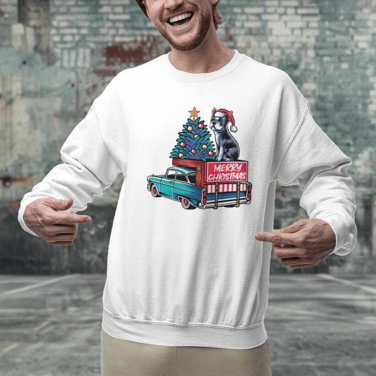 Boston Terrier Merry Christmas Tree Truck Santa Dog X-Mas Men Graphic Sweatshirt, Boston Terrier Christmas Sweatshirts, gift for family, gift for coworker