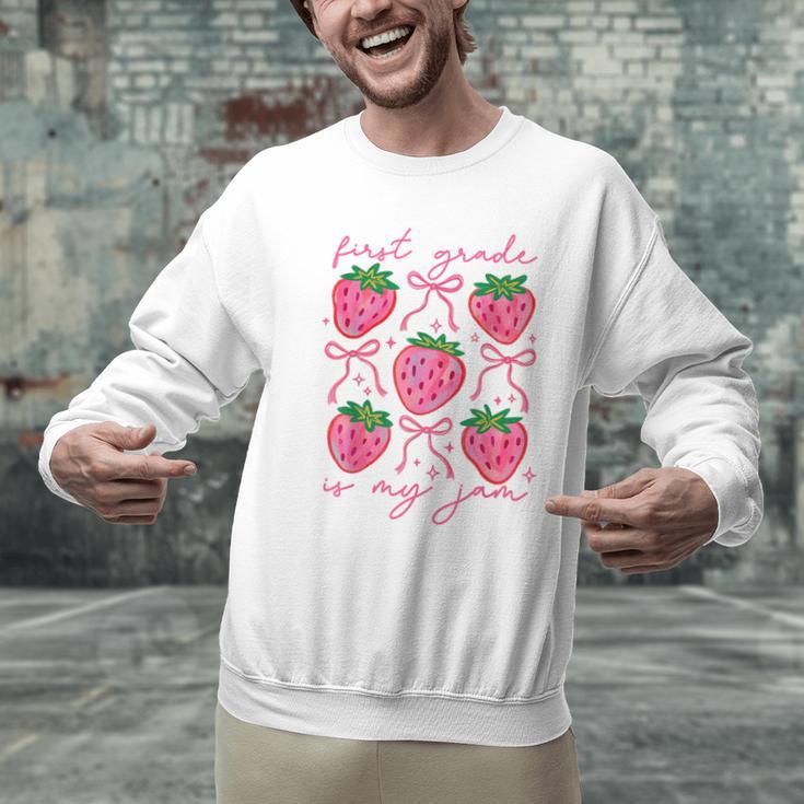 First Grade Is My Jam Strawberry First Grade Teacher Women Men Graphic Sweatshirt, First Grade Teacher Sweatshirts, gift for family, gift for coworker First Grade Is My Jam Strawberry First Grade Teacher Women Men Graphic Sweatshirt, First Grade Teacher Sweatshirts, gift for family, gift for coworker
