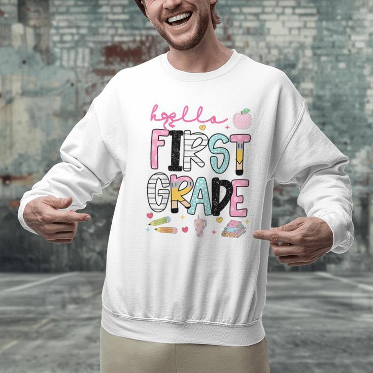 Hello First Grade Teacher Coquette Pencil Bow Back To School Men Graphic Sweatshirt, First Grade Teacher Sweatshirts, gift for family, gift for coworker