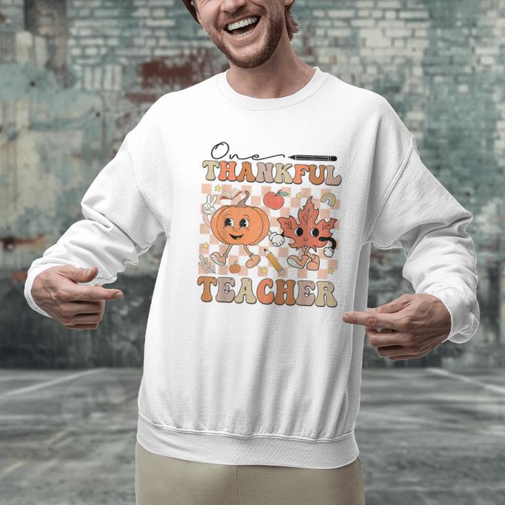 One Thankful Teacher Thanksgiving Groovy Fall Autumn Teacher Men Graphic Sweatshirt, Groovy Teacher Sweatshirts, gift for family, gift for coworker