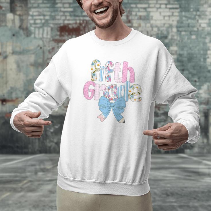 Preppy Fifth Grade Teacher Blue Floral Coquette Pencil Bow Men Graphic Sweatshirt, gift for family, gift for coworker
